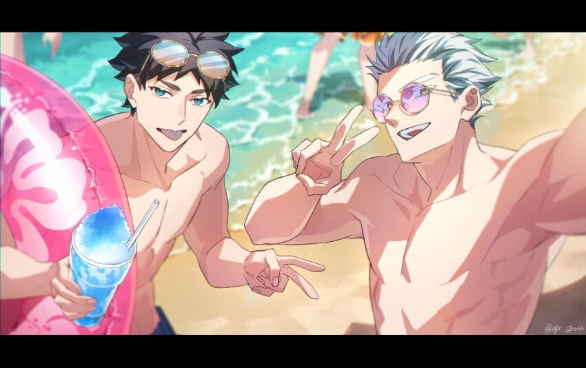 2boys akaashi_keiji beach black_hair blue_eyes blue_shorts blurry blurry_background bokuto_koutarou collarbone commentary_request eyewear_on_head glasses gradient-tinted_eyewear haikyuu!! holding lifebuoy looking_at_viewer male_focus multicolored_hair multiple_boys nagareyama_(ngr_yama) no_nipples ocean open_mouth purple-tinted_eyewear round_eyewear sand selfie short_hair shorts swim_ring teeth tinted_eyewear toned toned_male tongue tongue_out topless_male twitter_username two-tone_hair upper_body upper_teeth_only v white_hair yellow_eyes