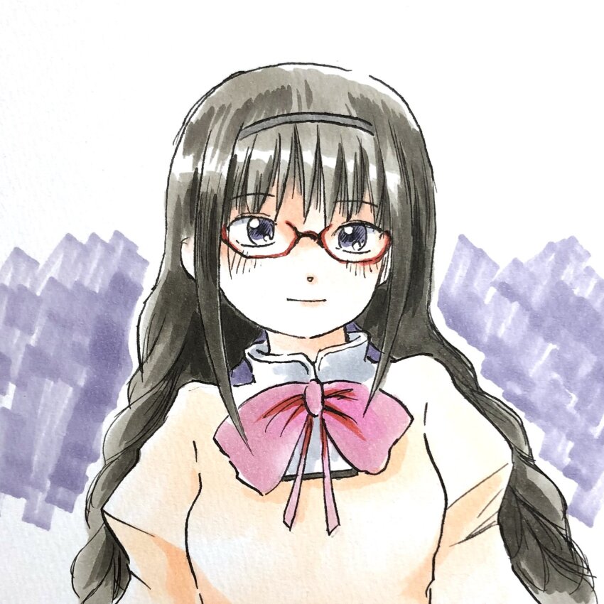 1girl akemi_homura black_hair black_hairband bow bowtie braid glasses hairband highres long_hair looking_at_viewer mahou_shoujo_madoka_magica mahou_shoujo_madoka_magica_(anime) marumo_516 mitakihara_school_uniform puffy_sleeves purple_background purple_eyes red-framed_eyewear red_bow red_bowtie school_uniform solo twin_braids upper_body