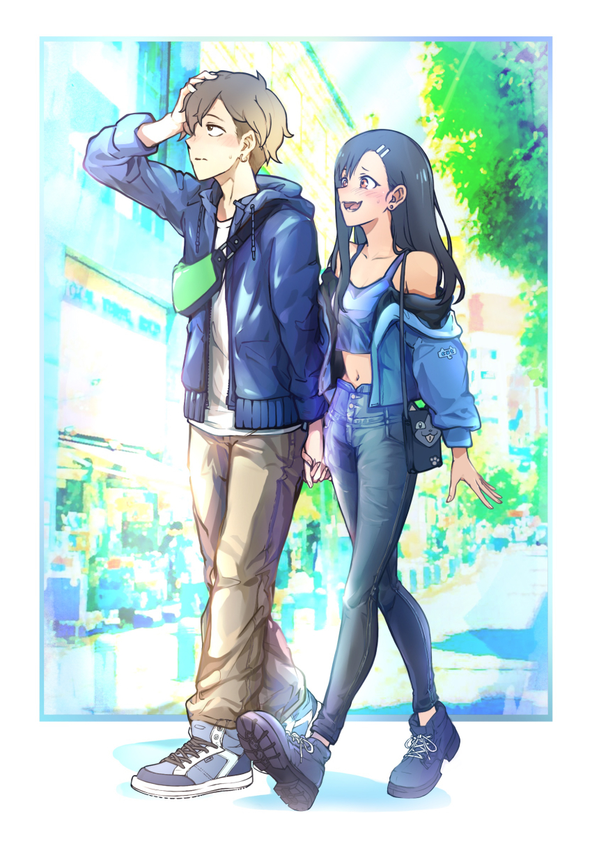 1boy 1girl black_hair blue_coat blue_footwear border brown_hair brown_pants building city coat collarbone couple cropped_shirt denim drawstring earrings fang from_side full_body green_bag hachiouji_naoto hair_ornament hairclip hand_on_own_head highres holding_hands hood hood_down hooded_coat ijiranaide_nagatoro-san jeans jewelry midriff nagatoro_hayase navel no off_shoulder outdoors pants shirt shoes short_hair skin_fang sneakers standing stud_earrings tan tannno tree white_border white_shirt