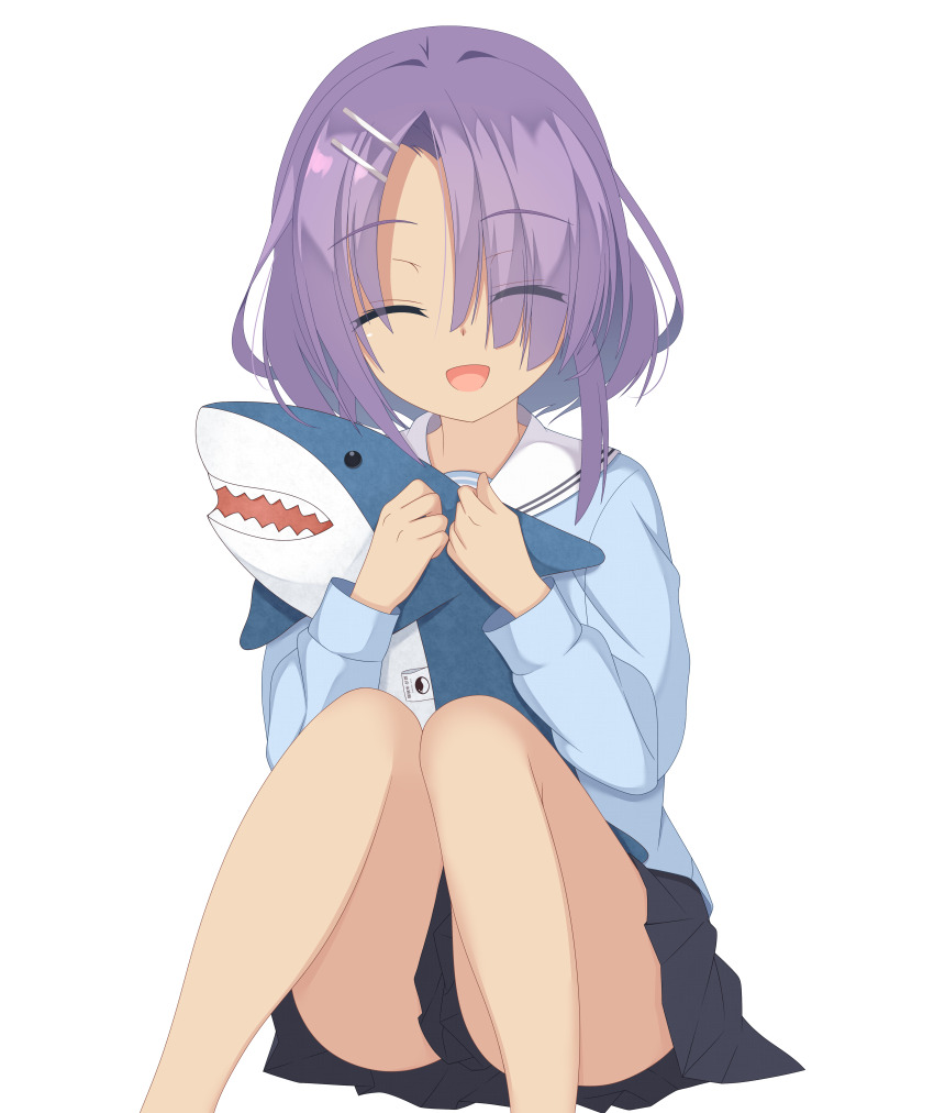 1girl :d ^_^ absurdres black_skirt blue_shirt cafe_stella_to_shinigami_no_chou closed_eyes commentary dark-skinned_female dark_skin feet_out_of_frame hair_ornament hair_over_one_eye hairclip hands_up happy highres hiuchidani_mei holding holding_stuffed_toy kaon_zz knees_together_feet_apart long_bangs miniskirt open_mouth pleated_skirt purple_hair sailor_collar school_uniform serafuku shirt short_hair_with_long_locks simple_background sitting skirt smile solo stuffed_animal stuffed_shark stuffed_toy tan thighs white_background white_sailor_collar