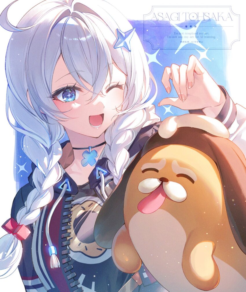 1girl artist_name blue_eyes braid commentary_request duplicate hair_ornament hand_up highres honkai:_nexus_anima honkai_(series) hood hooded_jacket jacket kiana_kaslana long_hair long_sleeves looking_at_viewer lower_teeth_only open_clothes open_jacket open_mouth simple_background smile solo sparkling_eyes symbol-shaped_pupils teeth tongue toosaka_asagi twin_braids upper_body white_hair