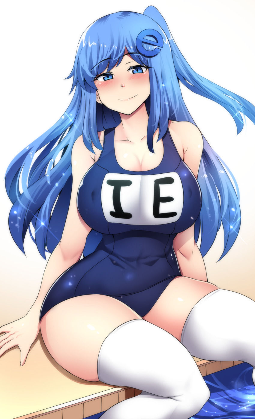 1girl arm_support bad_id bad_pixiv_id bare_arms bare_shoulders blue_eyes blue_hair blue_theme blush breasts collarbone curvy female_focus half-closed_eyes highres hinghoi internet_explorer internet_explorer_(merryweather) internet_explorer_(webcomic) large_breasts long_hair looking_at_viewer one-piece_swimsuit one_side_up original personification pool product_girl school_swimsuit shiny_skin sitting smile soaking_feet solo swimsuit thighhighs thighs water white_background white_thighhighs zettai_ryouiki