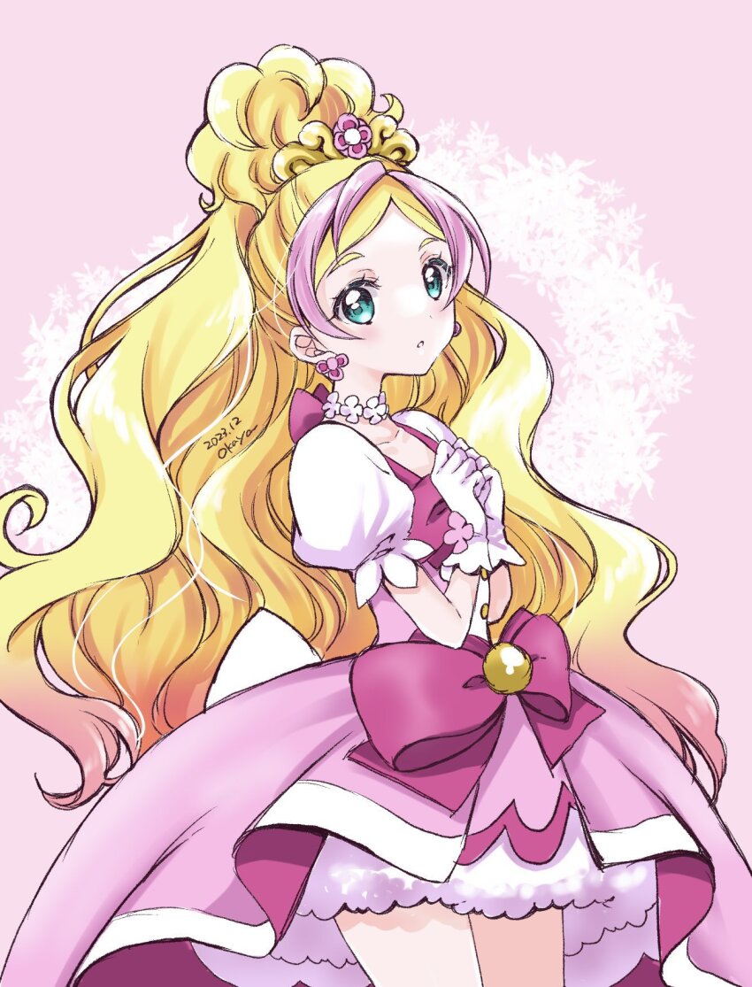 1girl blonde_hair bow choker cowboy_shot cure_flora dated earrings flower flower_earrings flower_necklace gloves go!_princess_precure gradient_background green_eyes highres jewelry long_hair looking_at_viewer magical_girl multicolored_hair necklace okayashi pink_background pink_bow pink_hair pink_skirt precure puffy_sleeves skirt smile solo tiara two-tone_hair waist_bow waist_brooch white_gloves