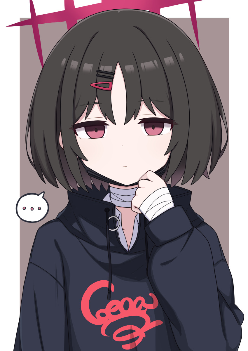 ... 1girl =_hair_ornament absurdres bandaged_neck bandaged_wrist bandages black_hair black_hoodie blue_archive border brown_background closed_mouth cosplay dot_nose drawstring hair_ornament hairclip halo highres higuchi_madoka higuchi_madoka_(cosplay) hood hoodie idolmaster long_sleeves looking_at_viewer mask mask_pull misaki_(blue_archive) mouth_mask parted_bangs red_eyes red_halo short_hair simple_background solo spoken_ellipsis upper_body voice_actor_connection white_border zddma20