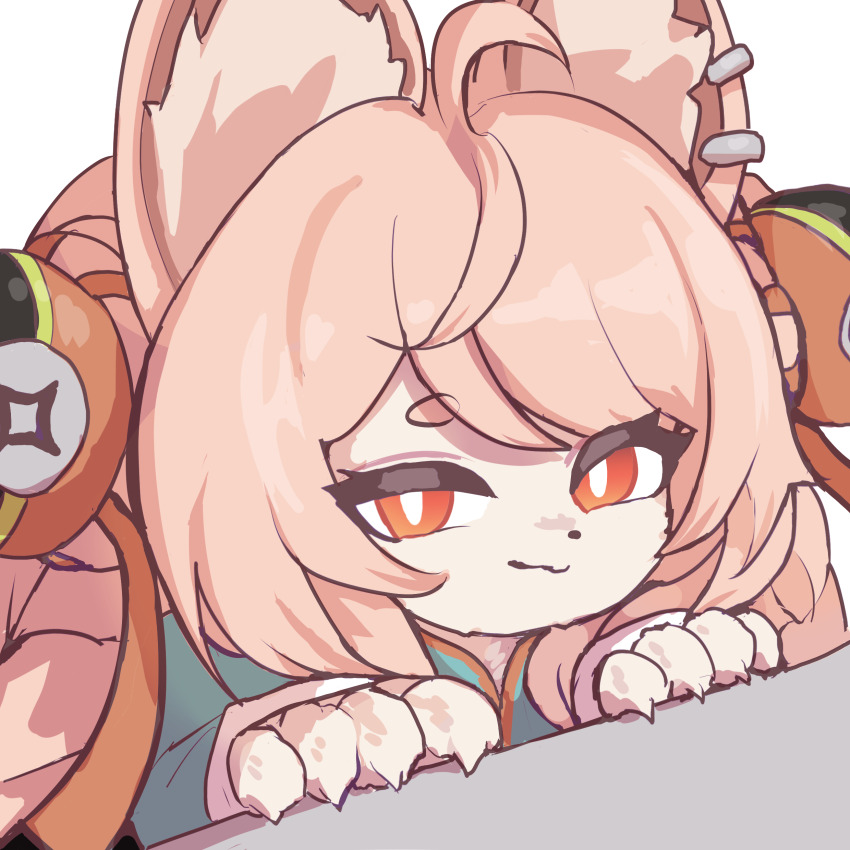 1girl absurdres animal_ear_fluff animal_ear_piercing animal_ears bright_pupils closed_eyes commentary_request furry furry_female green_shirt highres looking_at_viewer pink_fur pink_hair rabbit_ears rabbit_girl red_eyes sanghanchokko screw shirt short_eyebrows simple_background solo thick_eyebrows white_background white_pupils zenless_zone_zero zhao_(zenless_zone_zero)