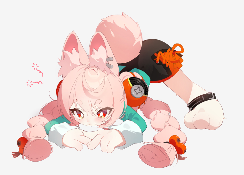 1girl :3 absurdres animal_ear_fluff animal_ear_piercing animal_ears animal_feet anklet arched_back blush braid braided_twintails bright_pupils closed_mouth commentary english_commentary full_body furry furry_female green_shirt grey_background hands_on_ground highres jack-o&#039;_challenge jewelry long_hair pink_fur pink_hair pink_tail pkts1017 rabbit_ears rabbit_girl rabbit_tail red_eyes screw shirt short_eyebrows short_tail simple_background solo spread_legs squeans tail thick_eyebrows top-down_bottom-up white_pupils wide_spread_legs zenless_zone_zero zhao_(zenless_zone_zero)