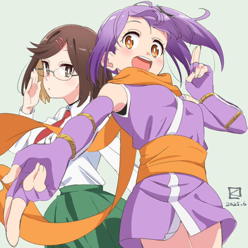 2girls brown_eyes brown_hair glasses gloves hair_ornament highres koga_konoha kusagakure_satoko looking_at_viewer miyahara_takuya multiple_girls ninja_to_koroshiya_no_futarigurashi purple_hair scarf school_uniform shirt short_hair skirt white_shirt