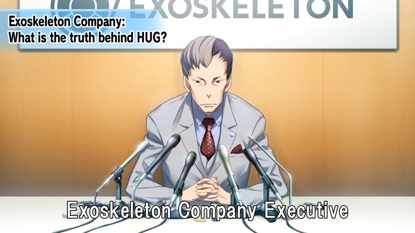 1boy black_hair blue_shirt breast_pocket brown_vest business_suit buttons collared_shirt english_text formal_clothes frown fukuda_tomonori game_cg highres interview lapels long_sleeves male_focus microphone multicolored_hair necktie notched_lapels official_art orange_eyes own_hands_clasped own_hands_together pocket polka_dot_necktie red_necktie robotics;notes sawada_toshiyuki science_adventure serious shirt solo suit tsurime vest white_hair