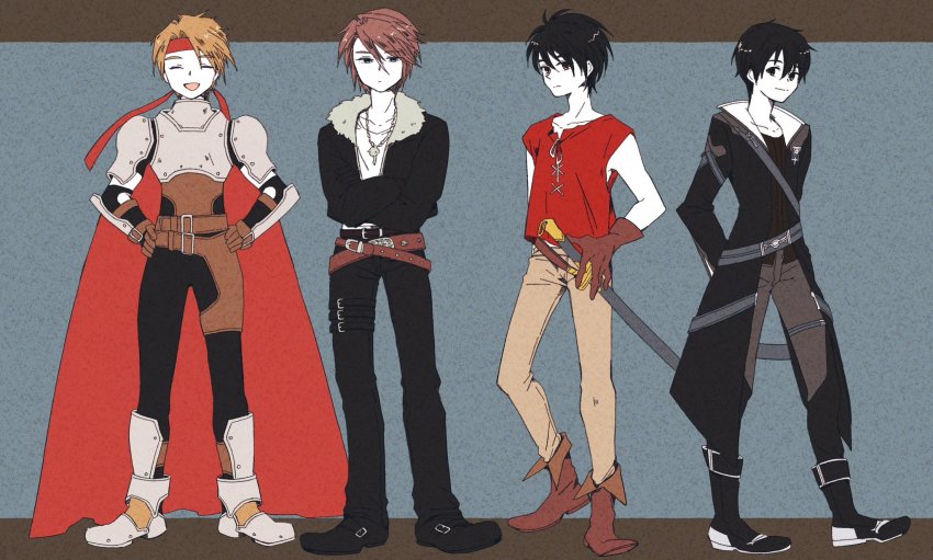 4boys arm_guards armor armored_boots arms_behind_back belt belt_buckle black_footwear black_hair black_jacket black_pants blonde_hair boots brown_belt brown_footwear brown_gloves brown_hair brown_pants buckle cape chain chain_necklace chaps closed_eyes cress_albane crossed_arms final_fantasy final_fantasy_viii full_body fur_collar gloves grey_background hair_between_eyes hand_on_own_hip hands_on_own_hips headband highres jacket jewelry kirito letterboxed long_jacket long_sleeves multiple_belts multiple_boys necklace open_mouth pants parted_bangs plate_armor red_cape red_headband red_shirt scar scar_on_face scar_on_forehead shirt short_hair short_sleeves shoulder_armor smile squall_leonhart standing sword sword_art_online sword_art_online:_code_register tales_of_(series) tales_of_phantasia tamagodamaco tenkuu_no_escaflowne thigh_strap van_fanel weapon white_shirt