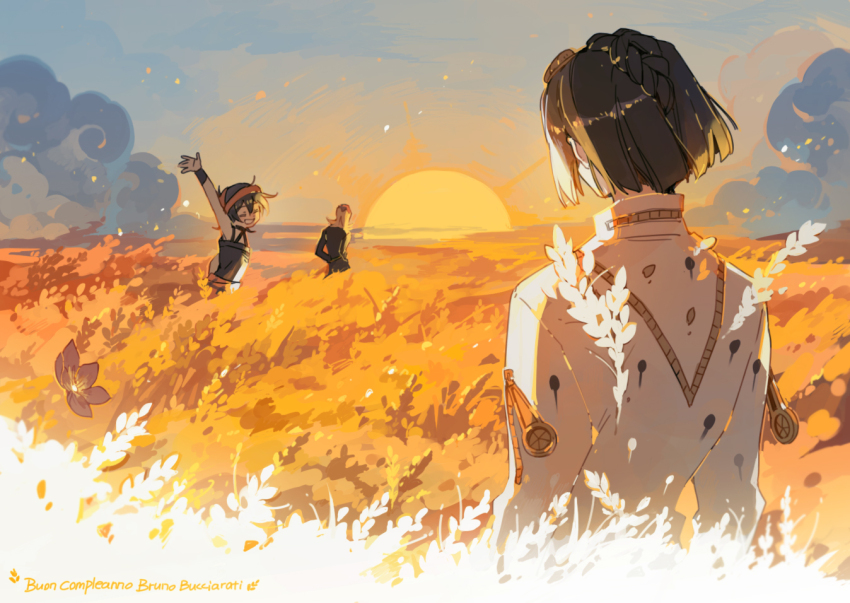 3boys arm_up black_hair bruno_bucciarati field from_behind grey_sky headband jojo_no_kimyou_na_bouken leone_abbacchio long_hair looking_back luminous_slime male_focus multiple_boys narancia_ghirga orange_headband outdoors short_hair sky sun sunset vento_aureo wheat_field wristband