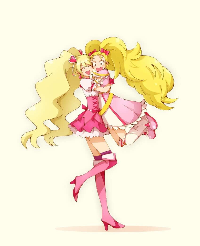2girls :d ^_^ arm_warmers blonde_hair boots carrying carrying_person closed_eyes corset cure_peach dress earrings fold-over_boots fresh_precure! futari_wa_precure futari_wa_precure_max_heart hair_ornament heart heart_earrings heart_hair_ornament high_heel_boots high_heels highres hug in-franchise_crossover jewelry knee_boots kujou_hikari layered_skirt leg_warmers long_hair looking_down magical_girl momozono_love multiple_girls open_mouth pink_boots pink_corset pink_dress pink_skirt pleated_skirt precure puffy_short_sleeves puffy_sleeves purple_thighhighs shiny_luminous shirt short_sleeves simple_background skirt smile standing standing_on_one_leg thighhighs twintails very_long_hair white_background white_shirt white_skirt wide-eyed yuu13