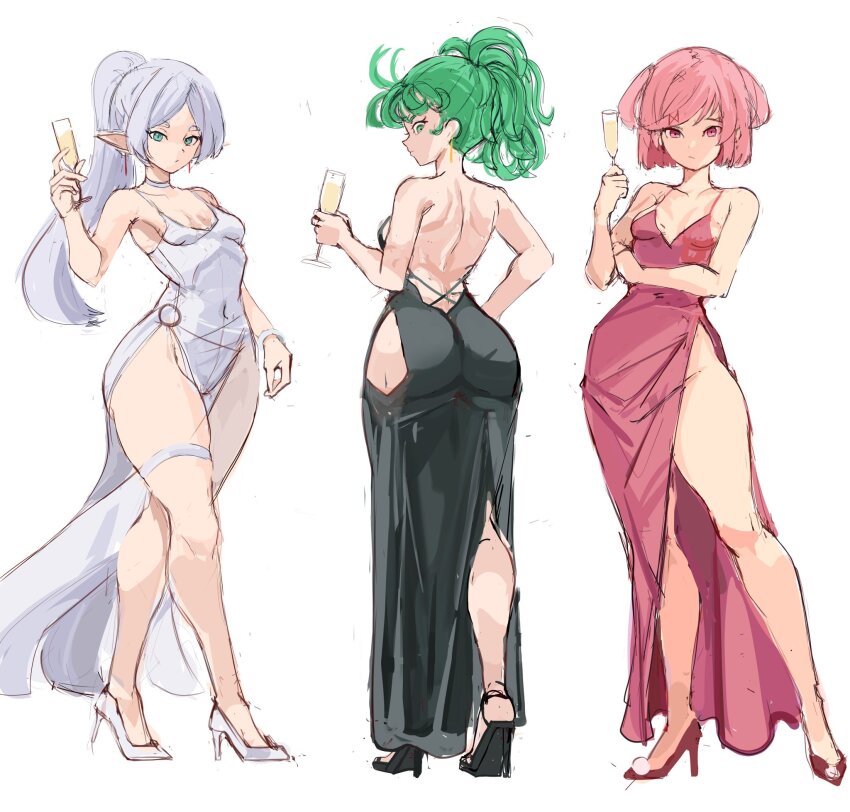 3girls alcohol alternate_costume ass back bare_back bare_shoulders black_dress bracelet breasts champagne choker cleavage closed_mouth cocktail_dress covered_navel cup curly_hair doki_doki_literature_club dress drinking_glass earrings flipped_hair frieren glass green_eyes green_hair grey_hair hair_ornament high_heels highleg highleg_dress highres hip_vent holding holding_cup huge_ass jewelry looking_at_viewer looking_back multiple_girls natsuki_(doki_doki_literature_club) navel o-ring_dress one-punch_man parted_bangs petite pink_dress pink_eyes pink_hair pointy_ears ponytail rakeemspoon short_hair side_slit small_breasts sousou_no_frieren tatsumaki thigh_strap two_side_up white_background white_dress wine_glass