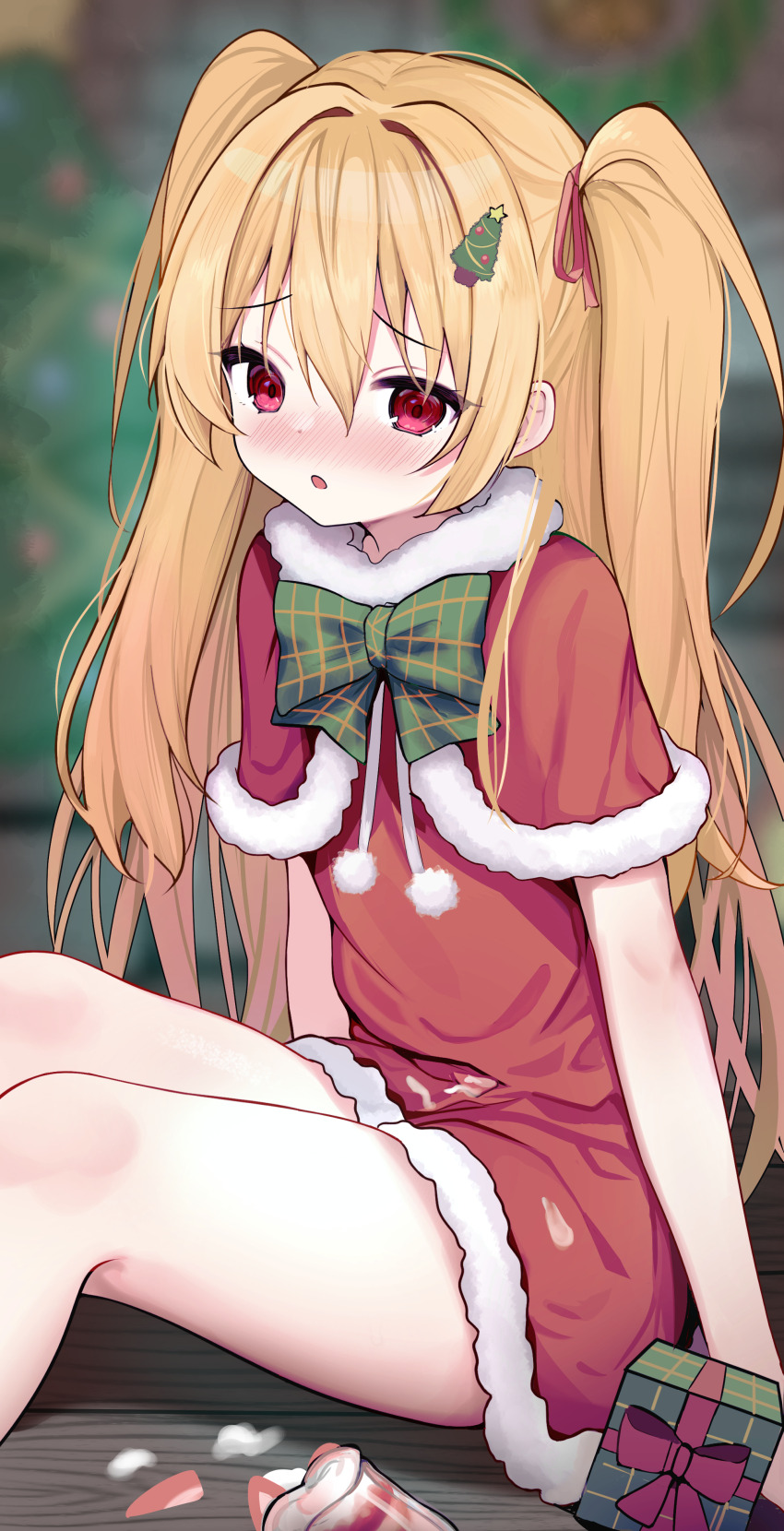 1girl absurdres alternate_costume arms_at_sides blonde_hair blurry blurry_background blush bow bowtie box capelet christmas christmas_tree christmas_tree_hair_ornament commentary_request dress embarrassed feet_out_of_frame fur-trimmed_capelet fur-trimmed_dress fur_trim furrowed_brow gift gift_box green_bow green_bowtie hair_between_eyes hair_intakes hair_ornament hair_ribbon highres indoors irotoridori_no_sekai long_hair looking_at_viewer melenas_(twdy2773) nikaidou_shinku nose_blush open_mouth plaid_bow plaid_bowtie plaid_clothes pom_pom_(clothes) red_capelet red_dress red_eyes red_ribbon ribbon santa_capelet santa_costume santa_dress short_dress sidelocks sitting solo thighs tsurime two_side_up very_long_hair