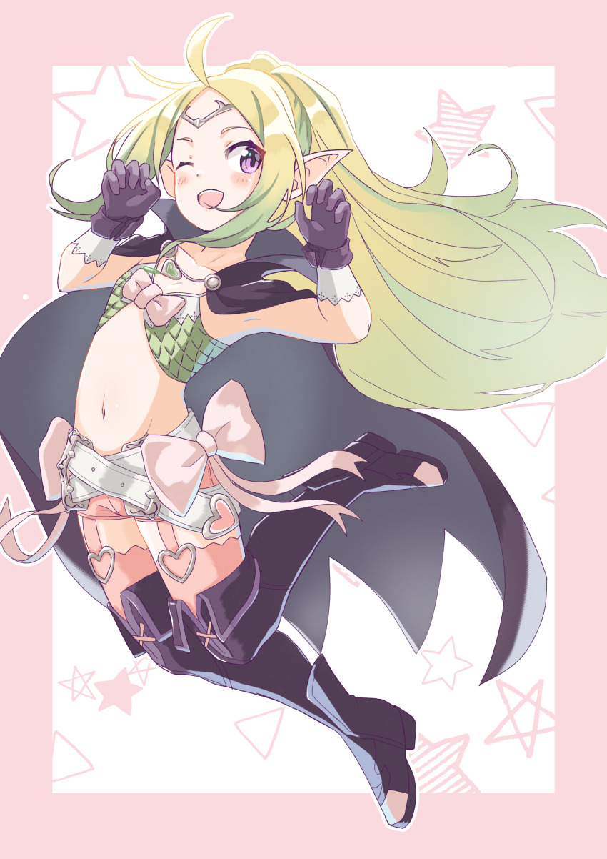 1girl ;d absurdres ahoge belt black_boots black_cape black_gloves blonde_hair boots border bow bra cape circlet claw_pose fire_emblem fire_emblem_awakening flat_chest floating_hair full_body gloves gradient_hair green_bra green_hair heart highres ichicamaru long_hair looking_at_viewer multicolored_hair multiple_belts navel nintendo nowi_(fire_emblem) one_eye_closed open_mouth pink_border pink_bow pink_shorts pink_thighhighs pointy_ears purple_eyes short_shorts shorts smile solo star_(symbol) stomach thighhighs two-tone_background underwear very_long_hair white_background white_belt