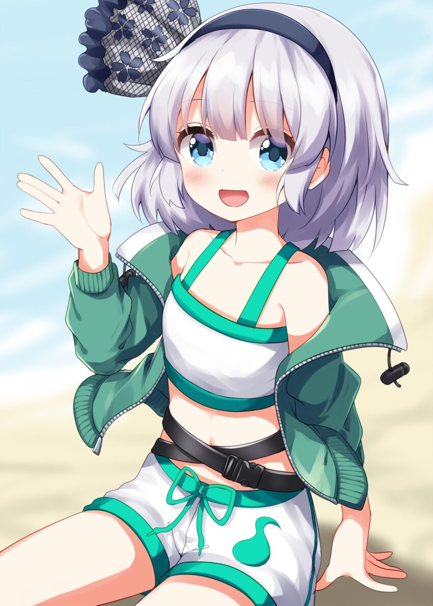 1girl :d bare_shoulders bikini bikini_top_only black_hairband blue_eyes blush bow_hairband collarbone commentary cowboy_shot green_jacket grey_hair hairband highres jacket konpaku_youmu konpaku_youmu_(sunny_dual-wielder) long_sleeves navel open_clothes open_jacket open_mouth ruu_(tksymkw) short_hair shorts sitting smile solo swimsuit touhou touhou_lostword white_bikini white_shorts