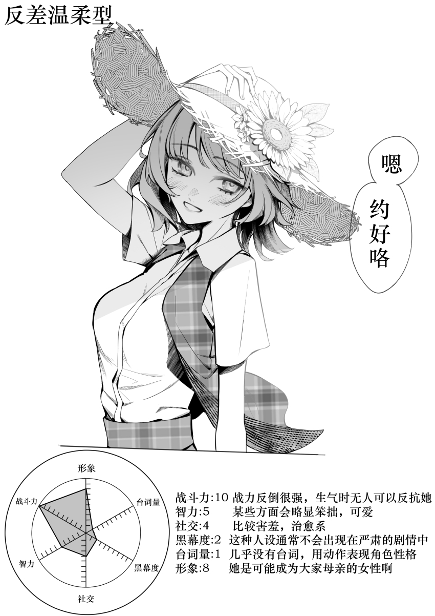 1girl absurdres blush bob_cut chinese_commentary collared_shirt flower graph hair_flower hair_ornament hat highres kazami_yuuka looking_at_viewer monochrome nose_blush plaid_clothes plaid_skirt plaid_vest shirt short_sleeves skirt solo speech_bubble stats straw_hat sunflower sunflower_hair_ornament touhou unmoving_pattern vest yangsan_(2991076090)