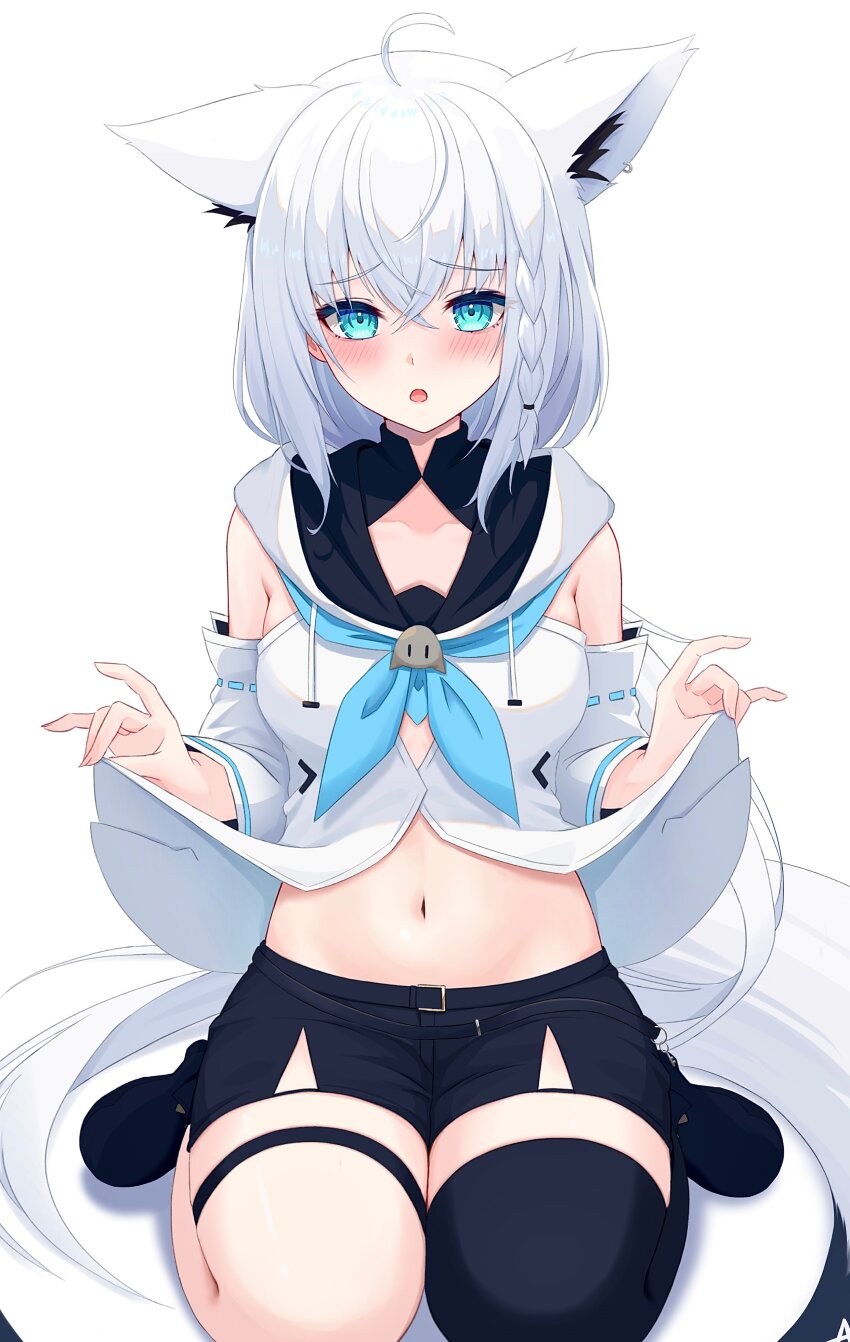 1girl :o absurdres ahoge animal_ear_fluff animal_ear_piercing animal_ears aqua_eyes black_boots black_shorts black_thighhighs blue_neckerchief blush boots braid breasts clothes_lift commentary_request crossed_bangs detached_sleeves double-parted_bangs extra_ears fox_ears fox_girl fox_tail front_slit hair_between_eyes highres hololive hood hooded_vest hoodie jupiterjack8 long_hair looking_at_viewer low_ponytail medium_breasts midriff navel neckerchief ponytail seiza shirakami_fubuki shirakami_fubuki_(1st_costume) short_shorts shorts side_braid simple_background single_braid single_thighhigh sitting solo tail thigh_strap thighhighs vest virtual_youtuber white_background white_hair white_sleeves wide_sleeves