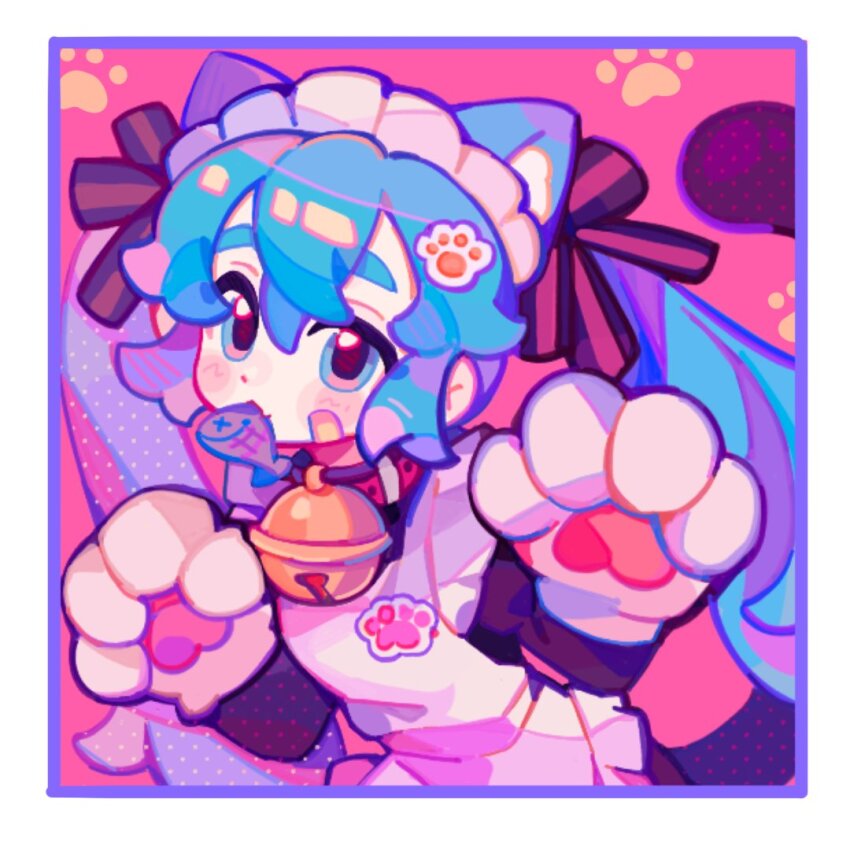 1girl animal_ears animal_hands apron bandaid bandaid_on_face bell blue_eyes blue_hair border cat_ears cat_girl cowboy_shot deformed dot_nose eyelashes fish_in_mouth hair_between_eyes hair_ornament hairclip hatsune_miku headdress long_hair long_sleeves looking_at_viewer maid maid_apron maid_headdress makeup neck_bell paw_hair_ornament rouge_(makeup) screentones short_eyebrows sidelocks square suuroku very_long_hair vocaloid white_apron white_headdress