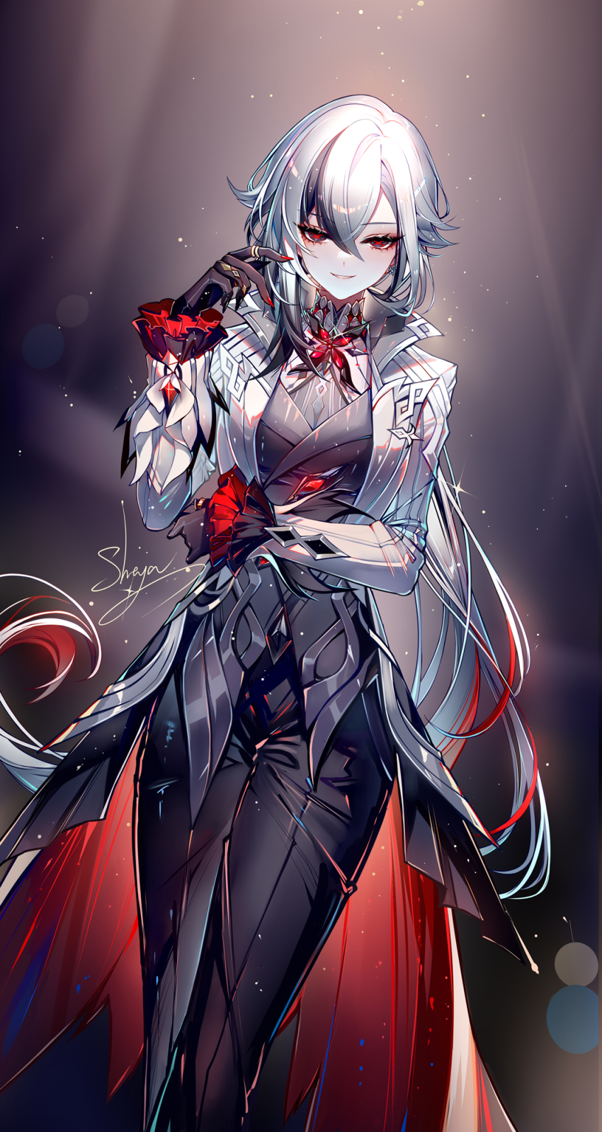 1girl arlecchino_(genshin_impact) black_eyes black_gloves black_hair black_pants blush fingernails_over_gloves genshin_impact gloves hand_up highres long_hair long_sleeves looking_at_viewer multicolored_hair pants parted_lips red_hair red_pupils sheya signature smile solo streaked_hair very_long_hair white_hair