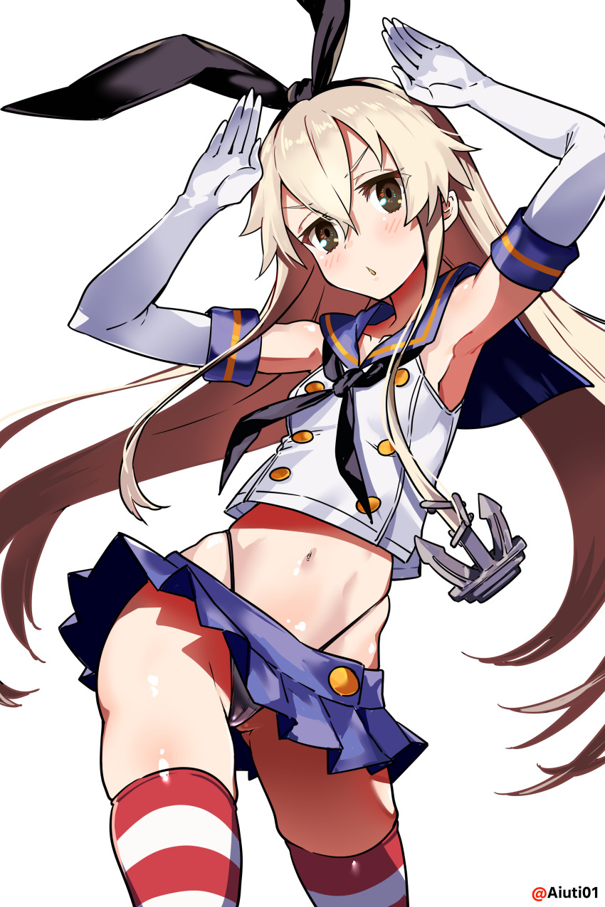 1girl absurdres aiuti anchor_hair_ornament black_neckerchief black_panties blonde_hair blue_sailor_collar blue_skirt brown_eyes elbow_gloves gloves hair_between_eyes hair_ornament highleg highleg_panties highres horizontal-striped_thighhighs kantai_collection lifebuoy long_hair microskirt navel neckerchief open_mouth panties pleated_skirt sailor_collar shimakaze_(kancolle) skirt solo striped_clothes striped_thighhighs swim_ring thighhighs thong underwear very_long_hair white_gloves