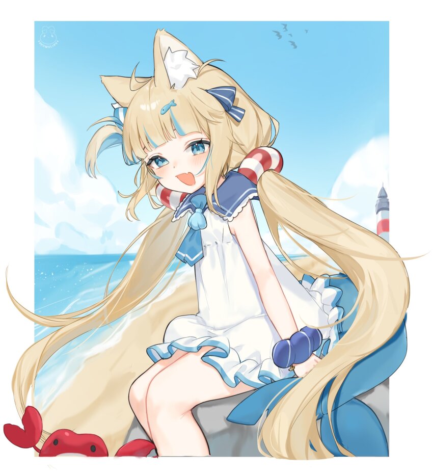 1girl :d ahoge animal_ear_fluff animal_ears beach bird blonde_hair blue_eyes blue_hair blue_neckerchief blue_sky blue_streaks border cat_ears cloud cloudy_sky commentary crab day dress fang feet_out_of_frame fins fish_girl fish_tail floating_hair frilled_dress frills highres indie_virtual_youtuber jadelin leaning_forward lifebuoy_hair_ornament lighthouse long_hair looking_at_viewer low_twintails multicolored_hair neckerchief necktie one_side_up open_mouth outdoors outside_border rock sailor_collar sameko_saba sand scrunchie seashell shark_girl shark_tail shell simple_fish sitting skin_fang sky sleeveless sleeveless_dress smile solo streaked_hair tail twintails very_long_hair virtual_youtuber water white_border white_dress wrist_scrunchie