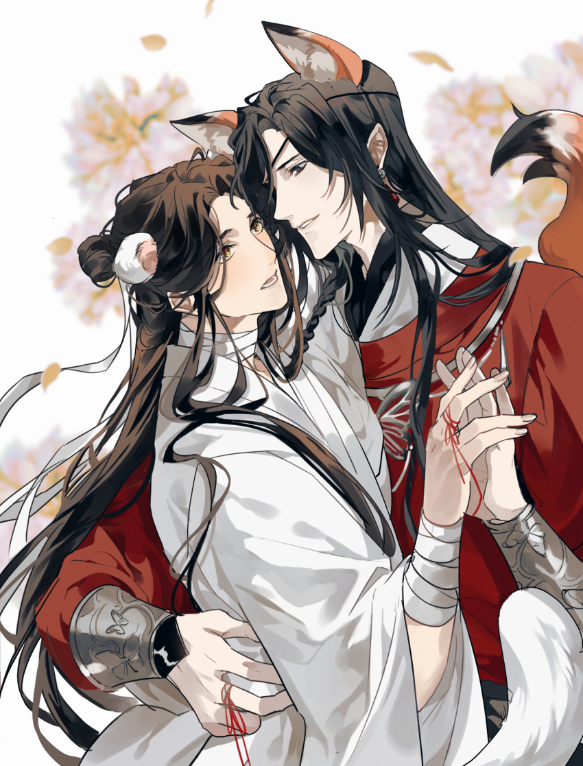 2boys animal_ears bandaged_arm bandaged_neck bandages bishounen black_hair blurry blurry_background blush bracelet braid brown_eyes brown_hair butterfly_necklace chinese_clothes earrings extra_ears eyepatch falling_petals ferret_boy ferret_ears ferret_tail floral_background flower fox_boy fox_ears fox_tail hair_bun hair_ribbon hanfu highres holding_hands hua_cheng hug jewelry kemonomimi_mode long_hair long_sleeves looking_at_another male_focus mandarin_collar multiple_boys necklace one_eye_covered parted_lips petals pointy_ears red_eyes red_hanfu ribbon robe ronpu_cooing side_braid silver_bracelet silver_necklace single_braid single_hair_bun smile string string_around_finger string_of_fate tail tianguan_cifu upper_body white_hanfu white_ribbon wide_sleeves xie_lian yaoi yellow_eyes yuanlingpao
