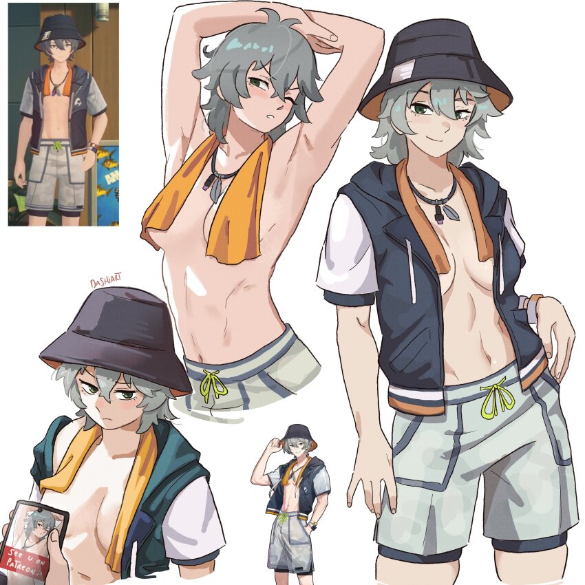 1boy 1girl abs absurdres blush breasts bucket_hat cleavage dashi_(dashiart) genderswap genderswap_(mtf) green_eyes grey_hair hat highres jewelry medium_breasts necklace official_alternate_costume phone short_hair shorts wise_(zenless_zone_zero) zenless_zone_zero