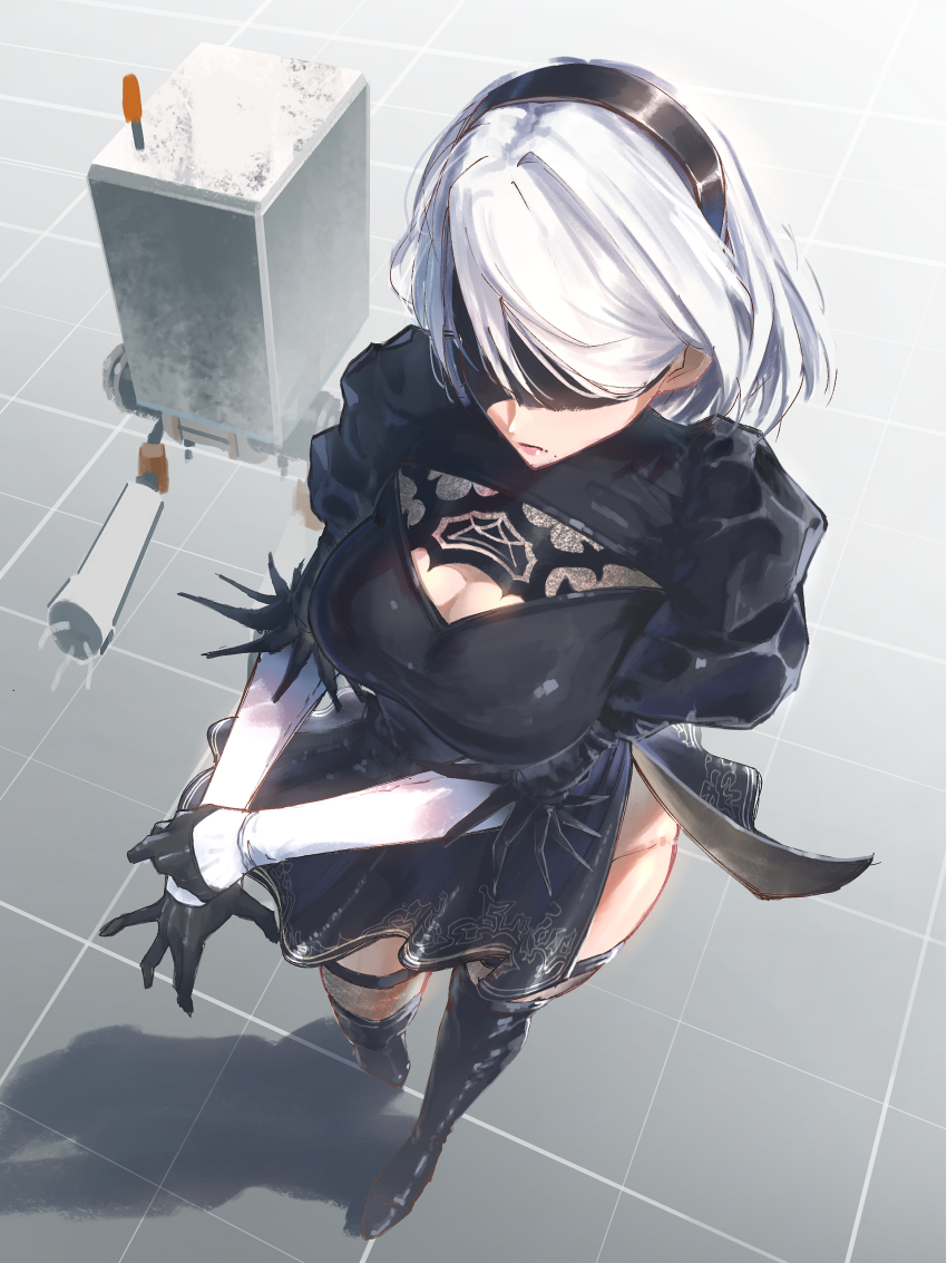 1girl 2b_(nier:automata) absurdres black_dress black_gloves black_mask black_thighhighs breasts character_request cleavage cleavage_cutout clothing_cutout commentary_request dress from_above gloves headband highres juliet_sleeves large_breasts long_sleeves mole nier:automata nier_(series) puffy_sleeves short_hair smile_(qd4nsvik) thighhighs white_hair