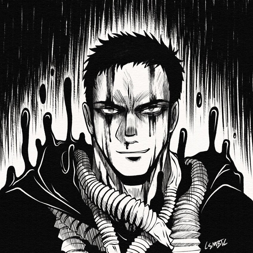 1boy bags_under_eyes blood blood_drop blood_on_face commentary csmbtc dorohedoro english_commentary greyscale grin highres inktober kai_(dorohedoro) looking_at_viewer male_focus monochrome nosebleed short_hair signature smile tube