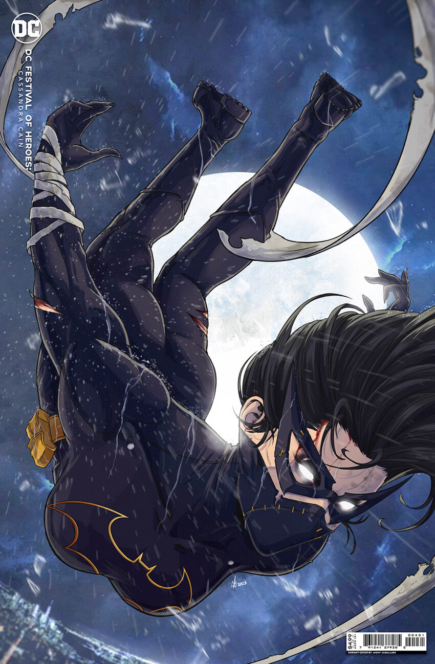 1girl barcode batgirl batman_(series) black_bodysuit black_hair black_mask bodysuit cassandra_cain cover cover_page dc_comics domino_mask english_text falling full_moon highres jhony_caballero mask moon night outdoors rain short_hair solo superhero_costume