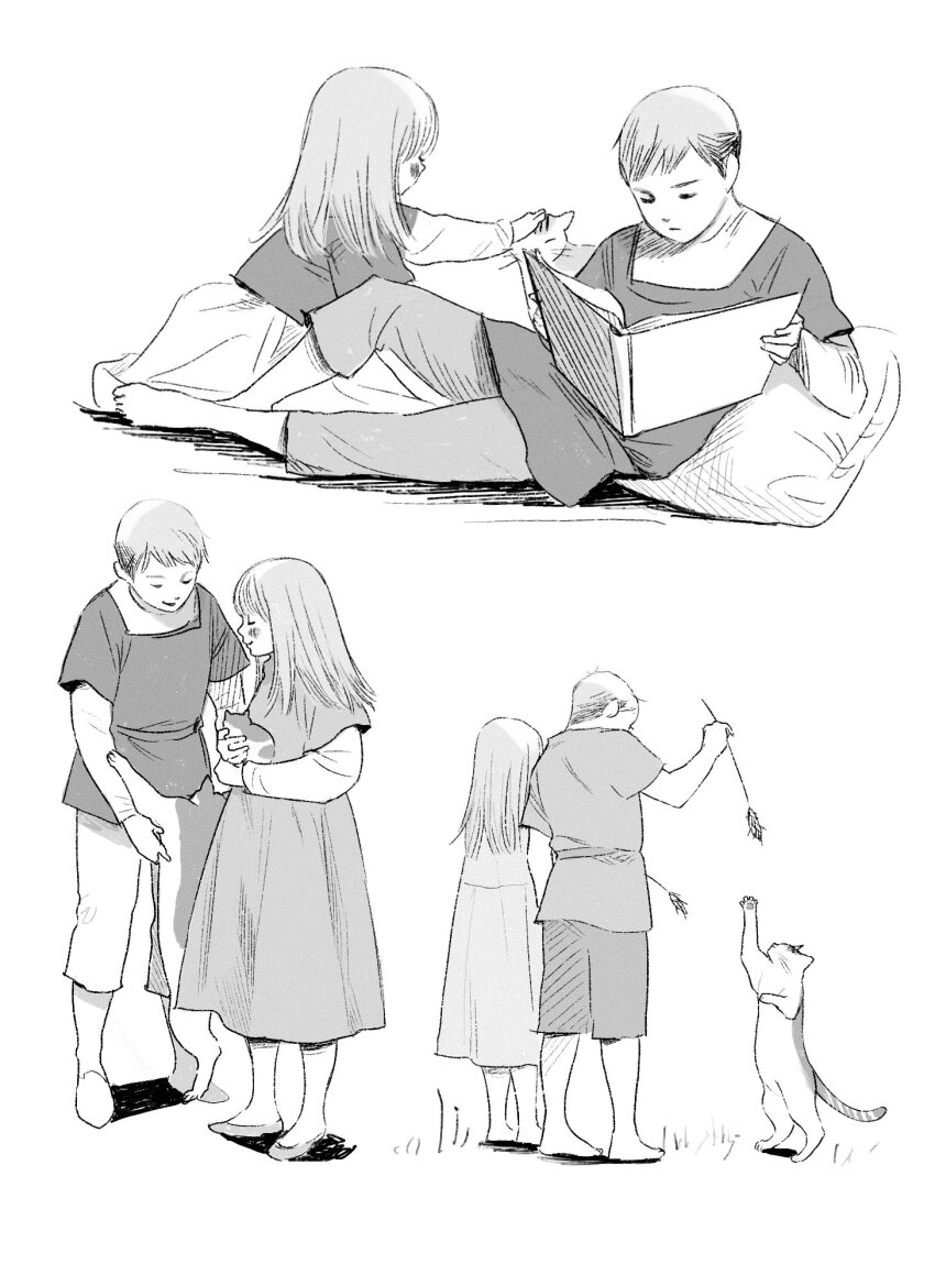 1boy 1girl aged_down animal baby_animal barefoot book brother_and_sister cat cattail child closed_eyes dress dungeon_meshi falin_touden falin_touden_(tallman) frs2 highres holding holding_book kitten knee_up laios_touden layered_sleeves leaning_to_the_side long_sleeves monochrome multiple_views open_book outstretched_arm pants petting pillow plant profile reading shirt shoes short_hair short_over_long_sleeves short_sleeves shorts siblings side-by-side simple_background sitting smile standing
