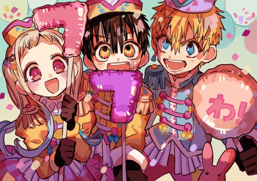 1girl 2boys :d alternate_costume balloon band_uniform black_gloves confetti cowboy_shot epaulettes gloves hanako_(jibaku_shounen_hanako-kun) hanoyuta hat headwear_request holding holding_balloon jibaku_shounen_hanako-kun milestone_celebration minamoto_kou mokke_(jibaku_shounen_hanako-kun) multiple_boys number_balloon official_art open_mouth shoulder-to-shoulder smile yashiro_nene