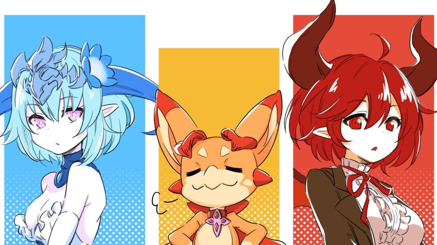 1other 2girls ahoge blue_hair breasts filene_(shadowverse) flower frills granblue_fantasy grea_(shingeki_no_bahamut) hair_flower hair_ornament hands_on_own_hips highres horns large_breasts long_sleeves medium_hair multiple_girls o_kudake pale_skin pink_eyes pointy_ears red_eyes red_hair vyrn_(granblue_fantasy)