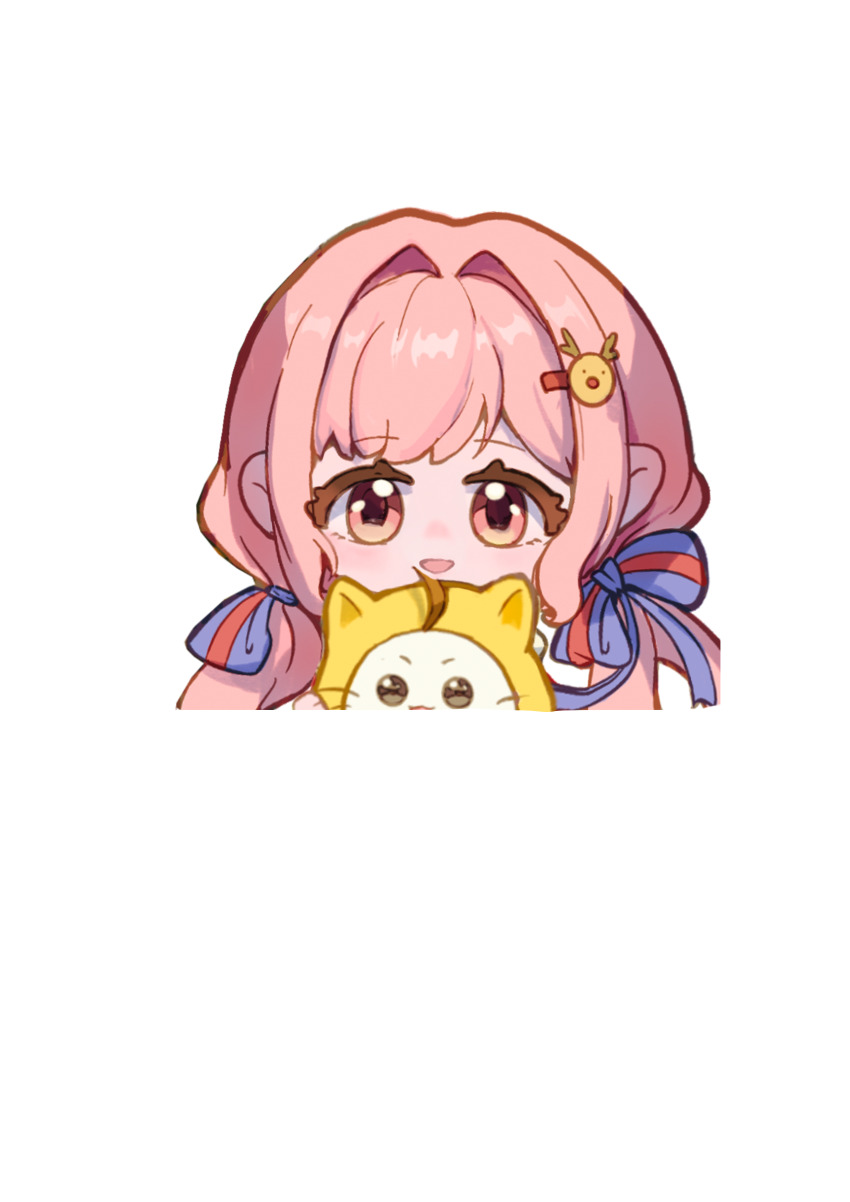 1girl absurdres animal animal_on_lap blue_bow bow brown_eyes cat cat_on_lap chibi clothed_animal ear_covers eyelashes hair_bow hair_intakes hair_ornament hairclip highres hood hood_up long_hair low_twintails meiyou_mingzi momo_(nikki) nikki_(nikki) nikki_(series) on_lap open_mouth outline pink_hair reindeer_hair_ornament single_stripe smile striped_bow tareme transparent_background twintails upper_body very_long_hair whiskers white_cat white_outline yellow_hood