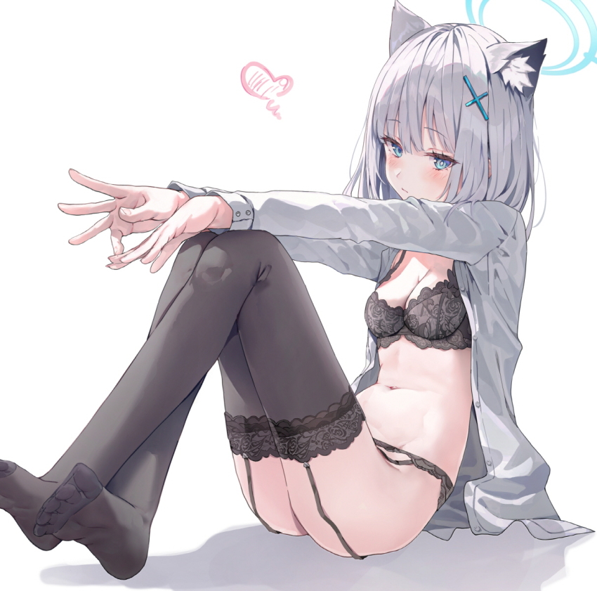 1girl animal_ear_fluff animal_ears black_bra black_thighhighs blue_archive blue_eyes blue_halo blush bra breasts cleavage closed_mouth cross cross_hair_ornament extra_ears garter_belt garter_straps grey_hair hair_ornament halo highres huwari_(dnwls3010) inverted_cross lace lace_bra looking_at_viewer medium_breasts medium_hair mismatched_pupils navel no_shoes open_clothes open_shirt shiroko_(blue_archive) shirt simple_background sitting solo spread_toes thighhighs toes unbuttoned unbuttoned_shirt underwear white_background white_shirt wolf_ears