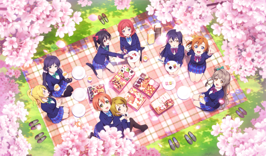 6+girls :d :o absurdres aqua_eyes ayase_eli bento black_hair black_shoes black_thighhighs blazer blonde_hair blue_bow blue_bowtie blue_eyes blue_hair blue_jacket blue_skirt bottle bow bowtie breasts brown_eyes brown_hair cardigan chopsticks closed_mouth cup dango diagonal-striped_bow diagonal-striped_bowtie diagonal-striped_clothes dress_shirt eye_contact food food_art food_theft from_above grass green_bow green_bowtie grey_hair hair_bow hair_ornament hair_scrunchie hanami highres holding holding_chopsticks holding_cup holding_food holding_plate holding_with_chopsticks hoshizora_rin hug hug_from_behind index_finger_raised jacket juice knees_up koizumi_hanayo kosaka_honoka large_breasts loafers long_hair long_sleeves looking_at_another looking_at_viewer love_live! love_live!_school_idol_festival_2 love_live!_school_idol_project low_twintails medium_breasts minami_kotori miniskirt multiple_girls nishikino_maki official_art one_side_up onigiri open_mouth orange_hair orange_juice otonokizaka_school_uniform outdoors parted_bangs picnic_blanket pink_cardigan plaid_clothes plaid_skirt plate pleated_skirt pointing pointing_up ponytail profile purple_eyes purple_hair red_bow red_bowtie red_eyes red_hair sanshoku_dango school_uniform scrunchie seiza shirt shoes short_hair sitting skirt sliced_egg smile sonoda_umi striped_clothes swept_bangs tako-san_wiener thighhighs tojo_nozomi twintails unworn_shoes v-shaped_eyebrows wagashi white_scrunchie white_shirt winter_uniform yazawa_nico yellow_bow yellow_eyes yokozuwari zettai_ryouiki