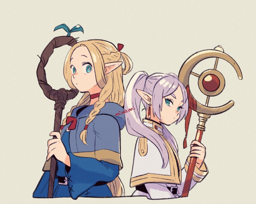 2girls aqua_eyes back-to-back belt belt_buckle black_belt blonde_hair blue_capelet blue_robe braid braided_ponytail buckle capelet choker commentary_request cowboy_shot crescent_moon crossover dramatica dungeon_meshi earrings elf floating_earring french_braid frieren highres holding holding_staff jewelry mage_staff marcille_donato moon multiple_girls parted_lips pointy_ears red_choker red_ribbon ribbon robe signature sousou_no_frieren staff swept_bangs twin_braids twintails upper_body white_background white_capelet white_hair white_robe wide_sleeves
