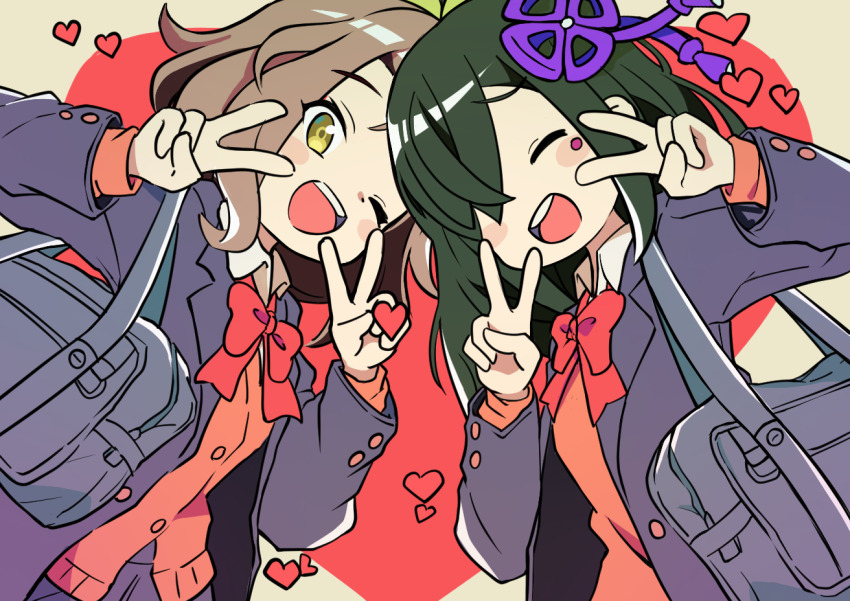 bag black_jacket blazer bow brown_hair brown_sweater double_v green_hair hair_ornament hair_over_one_eye heart jacket kugui_(world_flipper) long_sleeves mwm5 one_eye_closed open_mouth red_bow ryouki_(world_flipper) school_bag school_uniform short_hair sweater v world_flipper yellow_eyes