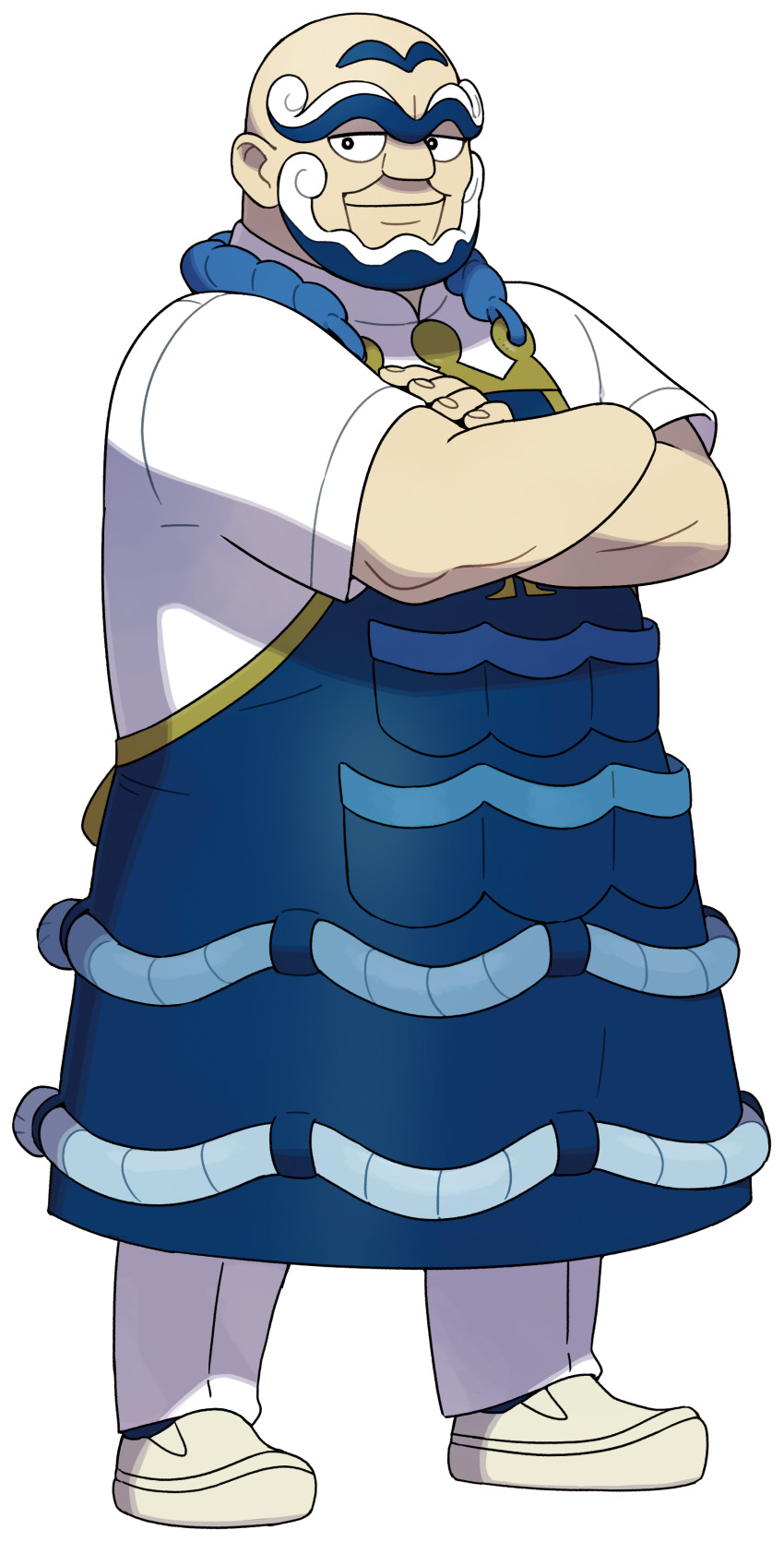 1boy absurdres apron bald beard black_eyes blue_apron blue_hair bright_pupils closed_mouth crossed_arms facial_hair full_body highres kofu_(pokemon) male_focus multicolored_hair nintendo official_art pants pokemon pokemon_sv shirt shoes short_hair short_sleeves smile solo standing thick_eyebrows transparent_background white_pants white_pupils white_shirt
