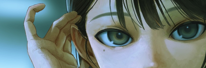 1girl adjusting_hair black_hair blurry close-up depth_of_field eye_focus grey_eyes kanikumi_toi looking_at_viewer mole mole_under_eye original short_hair solo twitter_banner