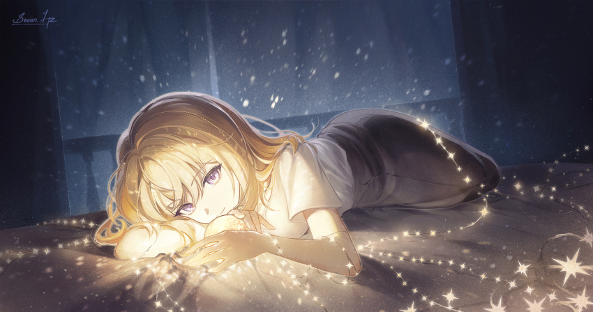 1girl 7hertz artist_name bang_dream! bang_dream!_it&#039;s_mygo!!!!! black_skirt blonde_hair chinese_commentary closed_mouth commentary_request crystal_ball curtains glowing highres indoors light_particles light_smile looking_at_viewer lying medium_hair misumi_uika on_bed on_stomach pencil_skirt purple_eyes shirt short_sleeves signature skirt solo string_of_light_bulbs white_shirt