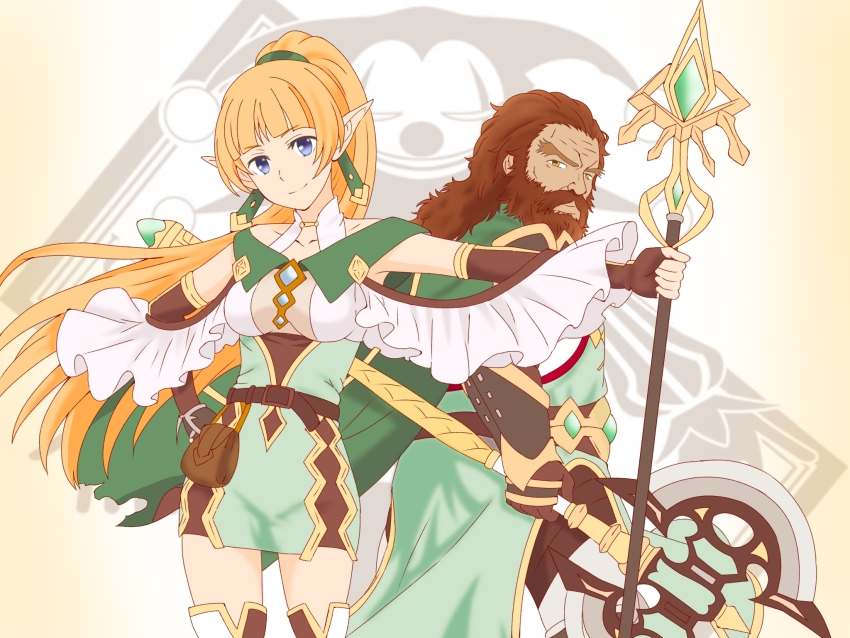 1boy 1girl axe battle_axe beard belt blue_eyes boots brown_belt brown_eyes brown_gloves brown_hair closed_mouth clown_print cowboy_shot dungeon_ni_deai_wo_motomeru_no_wa_machigatteiru_darou_ka dwarf elf facial_hair fat fat_man fingerless_gloves floating_hair forehead gareth_landrock gloves hand_on_own_hip highres holding holding_axe holding_staff lefiya_viridis long_hair looking_at_viewer looking_back maou_(ajtdmw369) orange_hair outstretched_arm pointy_ears ponytail smile staff standing thigh_boots thighhighs weapon zettai_ryouiki