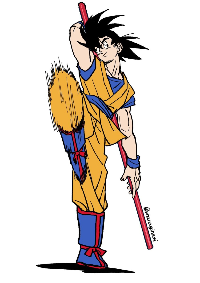 1boy arm_behind_back black_eyes black_hair blue_boots blue_shirt blue_wrist_cuffs boots closed_mouth collarbone dougi dragon_ball dragon_ball_daima highres holding holding_behind_back holding_staff holding_weapon_behind_back knee_up looking_to_the_side male_focus motion_lines muscular muscular_male orange_dougi ruyi_jingu_bang shirt short_hair smile solo son_goku speed_lines spiked_hair staff toriyama_akira_(style) twitter_username uranagi_(uranaginasi) white_background wrist_cuffs