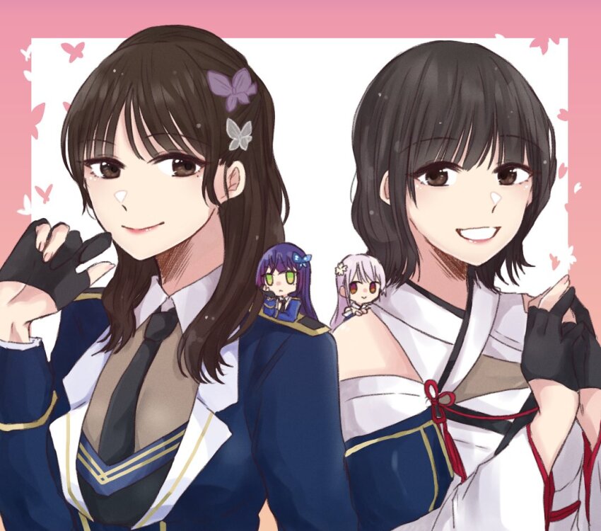 4girls :&gt; :&lt; :d animification arm_at_side assault_lily bare_shoulders black_gloves black_necktie blue_jacket border brown_eyes brown_hair butterfly_background butterfly_hair_ornament chibi closed_mouth collared_shirt commentary_request cosplay epaulettes fingernails flower flower_knot funada_kiito funada_kiito_(cosplay) funada_ui funada_ui_(cosplay) gloves gradient_border green_eyes grey_hair grin hair_flower hair_ornament half_gloves hand_on_own_cheek hand_on_own_face hand_up head_rest ishii_haruna jacket japanese_clothes kimono long_hair long_sleeves looking_at_viewer mini_person minigirl mole mole_under_eye multiple_girls necktie nigari_(ngari_0115) on_shoulder open_mouth outside_border own_hands_together partially_fingerless_gloves pink_border purple_hair real_life red_eyes saiba_mizuki shirt short_hair side-by-side smile steepled_fingers tassel upper_body voice_actor voice_actor_connection white_background white_flower white_kimono white_shirt wide_sleeves