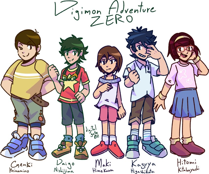 2girls 3boys digimon glasses highres himekawa_maki looking_at_viewer multiple_boys multiple_girls nishijima_daigo one_eye_closed original smile wink