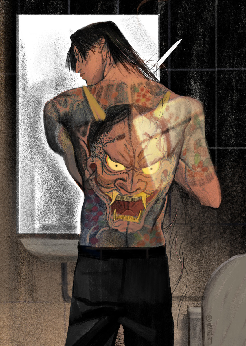 1boy absurdres back_tattoo bathroom black_hair cutting_hair from_behind hannya highres holding holding_knife juyanmai knife majima_goro mask mirror noh_mask ryuu_ga_gotoku_(series) ryuu_ga_gotoku_0 tattoo toned toned_male yakuza