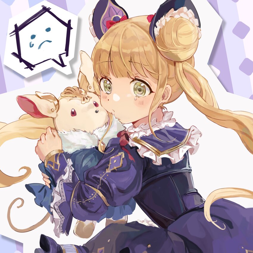 1girl absurdres blonde_hair bow bowtie double_bun dress frilled_dress frilled_shirt_collar frills green_eyes hair_bun hasi_(seunga1025) highres holding holding_stuffed_toy long_hair luna_(shadowverse) purple_dress red_bow red_bowtie shadowverse stuffed_toy tears twintails
