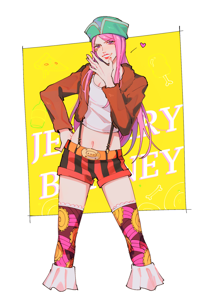 1girl anti-eyebrow_piercing bone bottle brown_coat character_name coat commentary crop_top cropped_legs english_commentary food fur_coat hand_on_own_hip heart highres jewelry_bonney long_hair looking_at_viewer meat navel one_piece pink_hair pizza pizza_slice purple_eyes seirorath shirt short_shorts shorts smile solo suspenders swept_bangs thighhighs white_shirt yellow_background