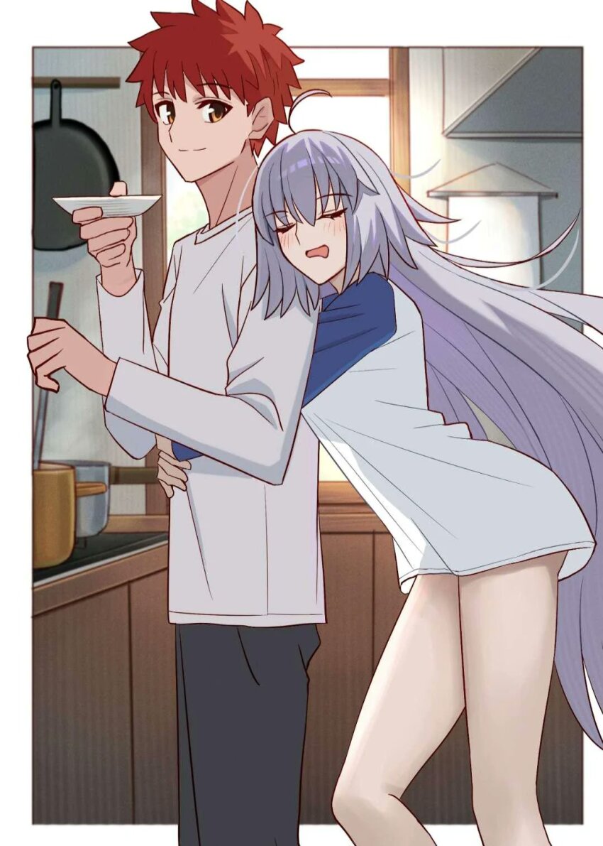 1boy 1girl breasts closed_eyes cooking couple emiya_shirou fate/grand_order fate/stay_night fate_(series) frying_pan grey_hair hair_between_eyes highres holding holding_ladle hug hug_from_behind jeanne_d&#039;arc_alter_(avenger)_(fate) jeanne_d&#039;arc_alter_(fate) kitchen ladle long_hair non-web_source orange_hair raglan_sleeves red_hair shintyoi2 smile stove yellow_eyes