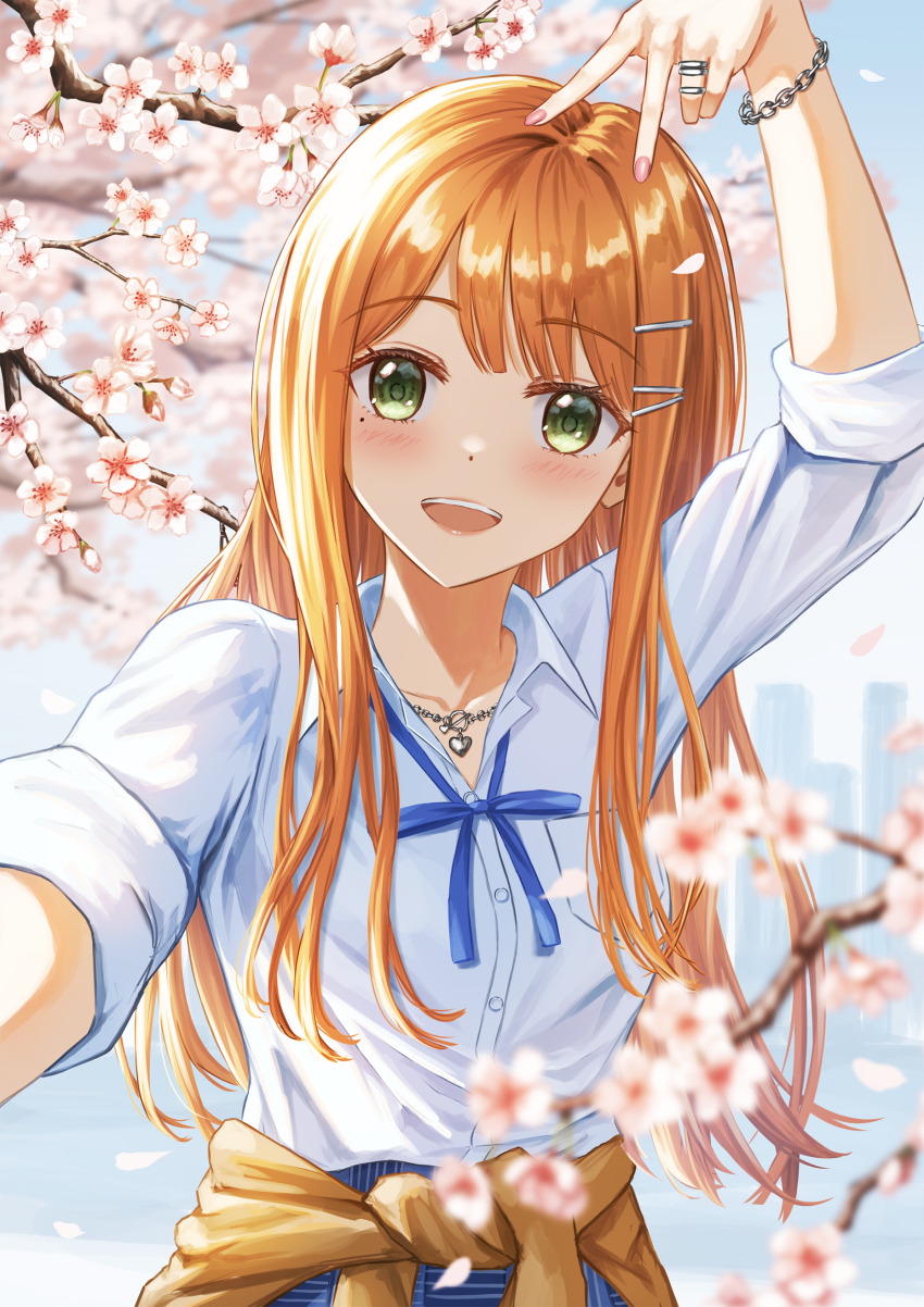 absurdres blue_ribbon blush cardigan cardigan_around_waist chain chain_bracelet cherry_blossoms clothes_around_waist falling_petals fingernails gakuen_idolmaster gyaru hatsuboshi_gakuen_school_uniform highres idolmaster jewelry kogal long_hair looking_at_viewer mole mole_under_eye neck_ribbon necklace open_collar petals rapnit ribbon ring school_uniform selfie shirt shiun_sumika smile straight_hair upper_body v very_long_hair white_shirt yellow_cardigan